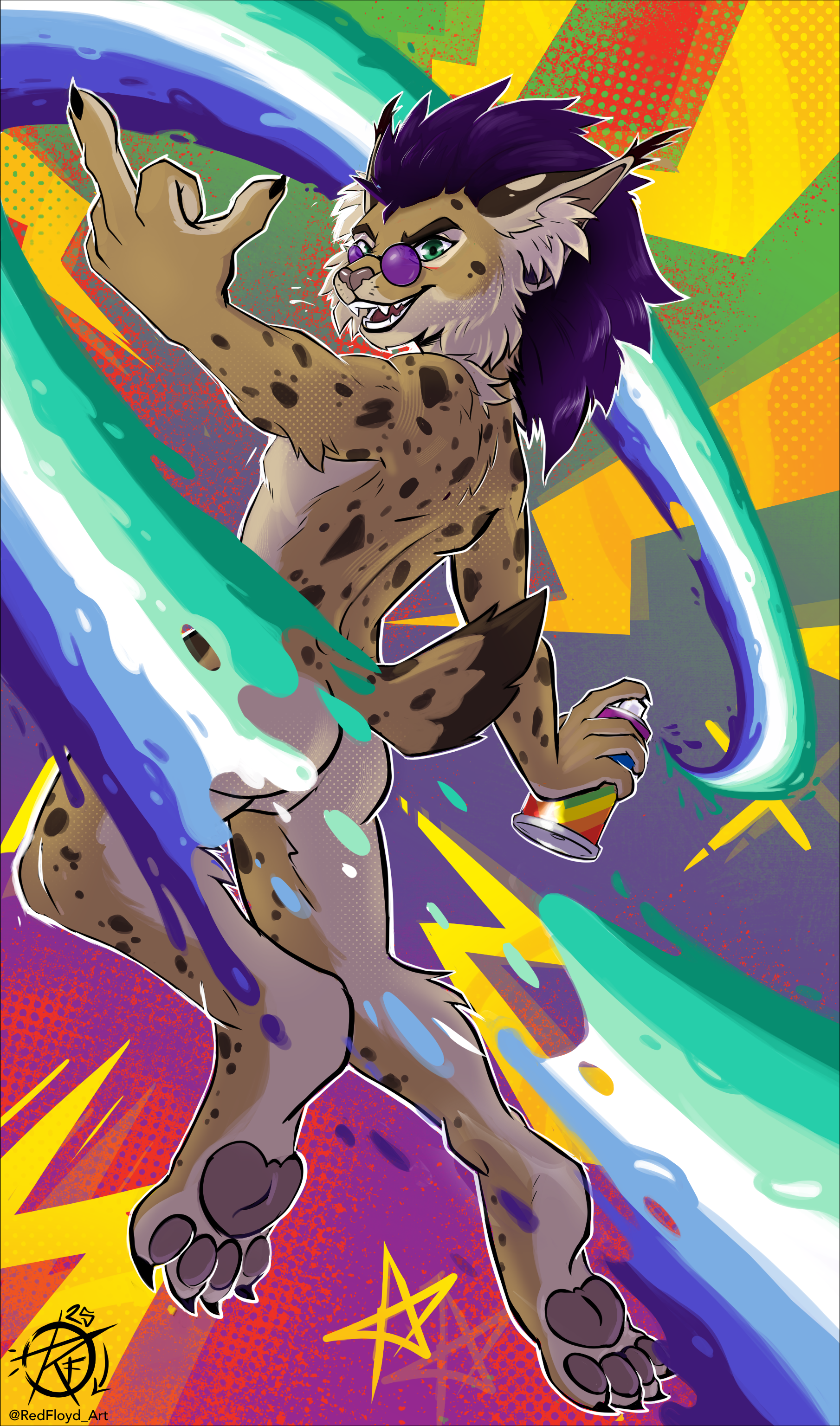 A vibrant, high-energy digital illustration featuring a confident anthropomorphic lynx with spotted brown fur and a bold purple mane. Wearing sleek purple sunglasses and a playful smirk, the character strikes a dynamic, mid-motion pose—one hand gesturing casually while the other holds a spray can, releasing a sweeping rainbow stream that directly mirrors the colors of the Gay Pride flag. The background explodes with high-contrast geometric blocks, halftone textures, and a bold palette that echoes Pride flag hues, blending pop-art composition with street-graffiti energy. Clean linework, smooth cel-shading, and stylized motion lines give the piece a lively, comic-book rhythm. The overall vibe is celebratory, expressive, and visually punchy, carrying a distinct undercurrent of protest. Art by @RedFloyd_Art. 🏳️‍🌈✨